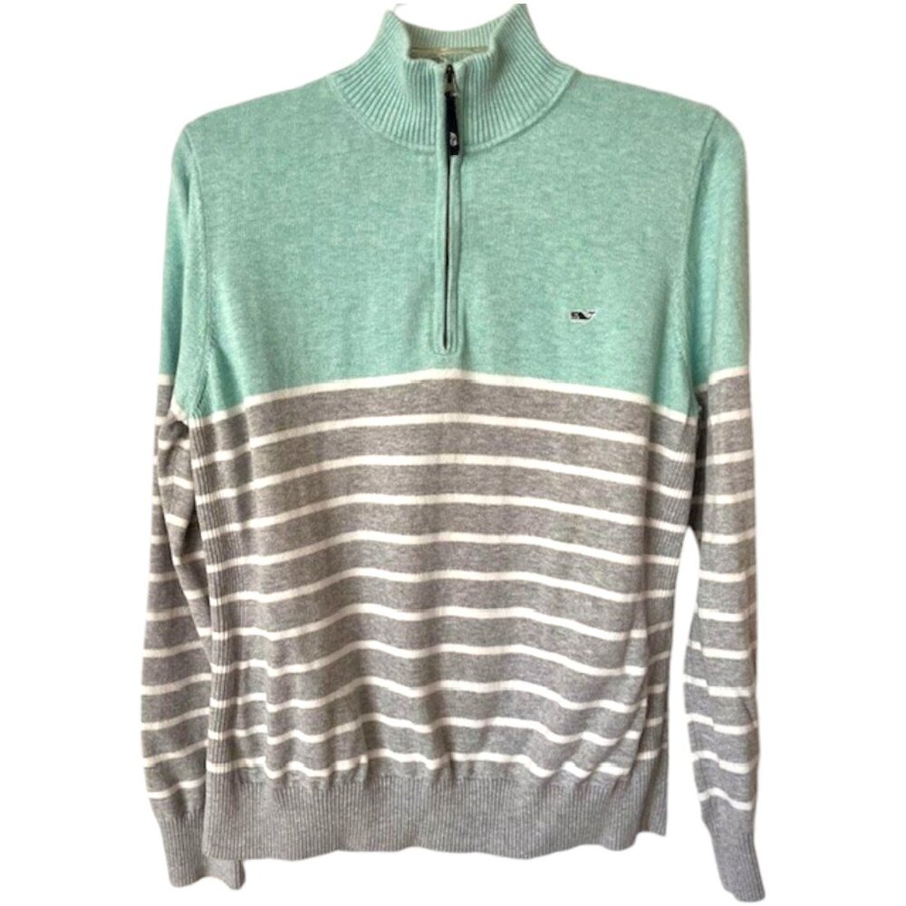 Vineyard Vines 1/4 Zip Stripe Knit Sweater - Aqua/Gray Stripe - XL - Picture 3 of 10